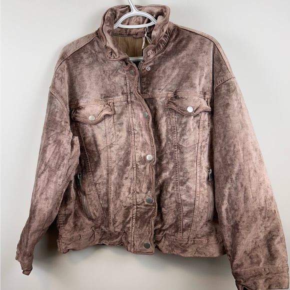 Free People Velvet Trucker Jacket size XS/S crushed velvet oversized mauve tan - Picture 2 of 14